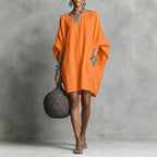 Women's Solid-color round-neck 3/4-sleeve Casual Loose Cotton-linen Dress