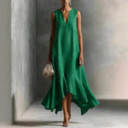 Sleeveless V-Neck Linen Midi Dress with Ruffled Hem