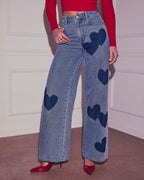 Light Wash Heart Patch High Waist Wide Leg Denim Jeans