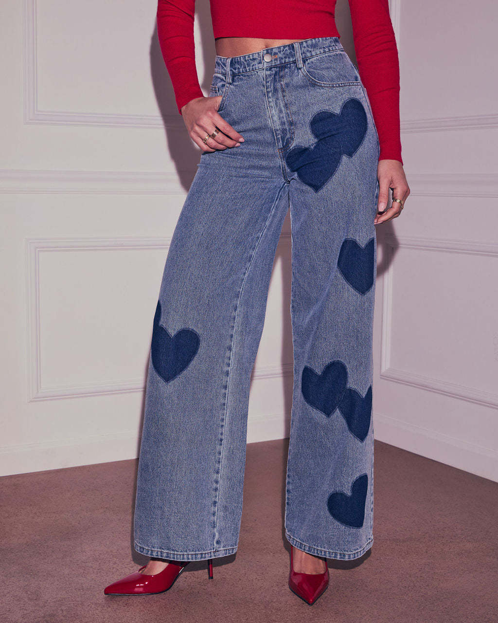 Light Wash Heart Patch High Waist Wide Leg Denim Jeans