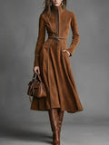 Women's Solid Brown Suede Zip‑Front Belted Long‑Sleeve Midi Dress
