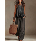 Cotton linen 2 Piece Set: Sleeveless Ruffle Tank Top & Drawstring Wide Leg Pants