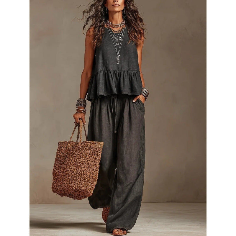 Cotton linen 2 Piece Set: Sleeveless Ruffle Tank Top & Drawstring Wide Leg Pants