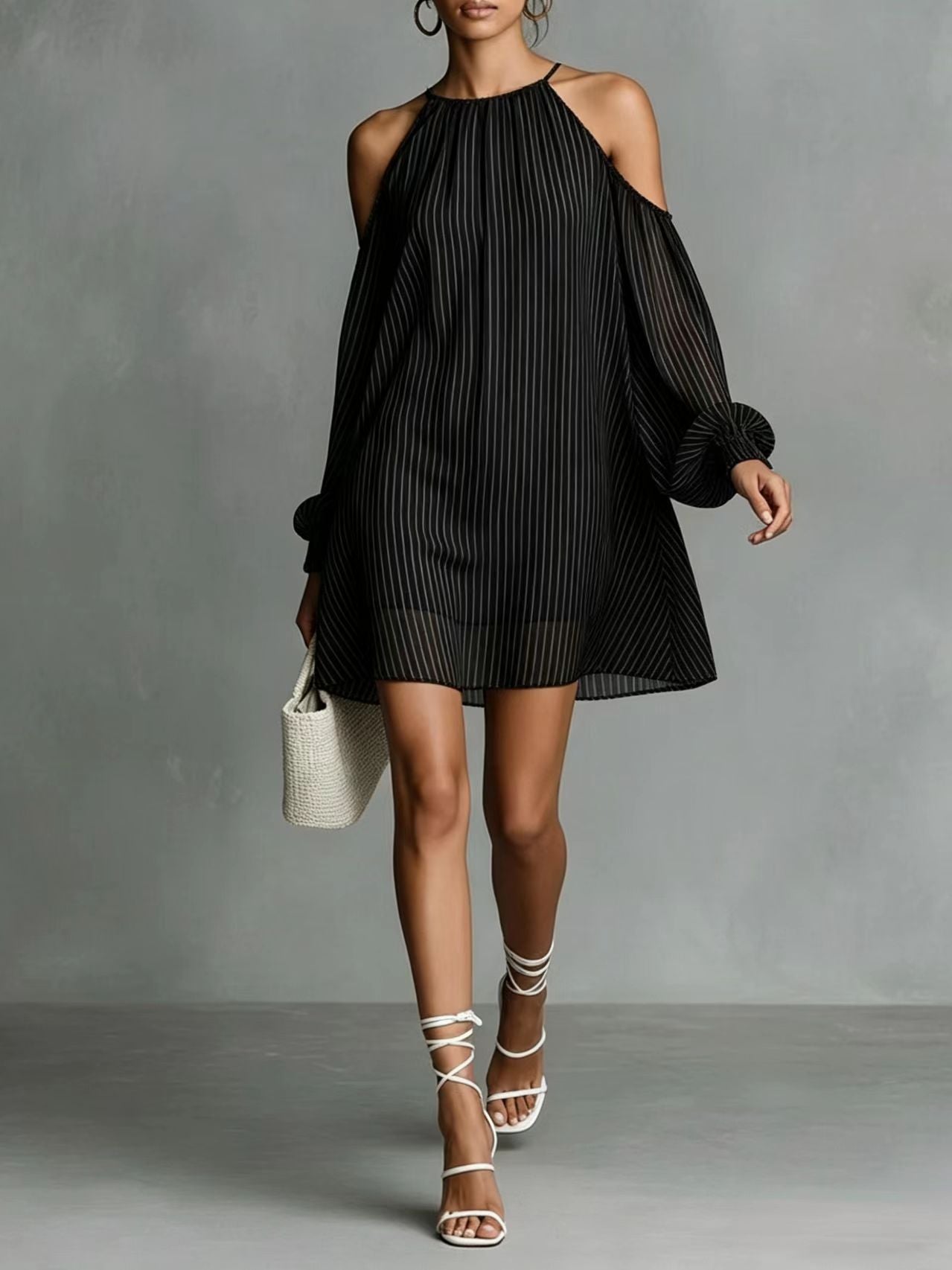 Striped Halter Cold-Shoulder Mini Dress