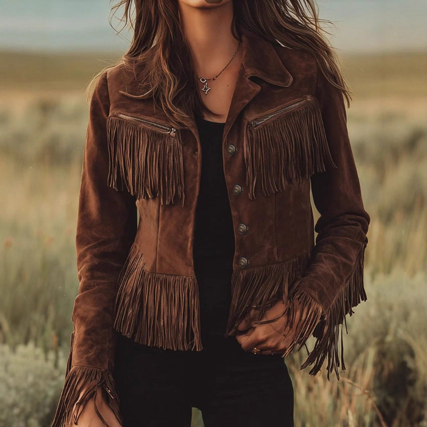 Solid Color Lapel Short Tassel Suede Jacket
