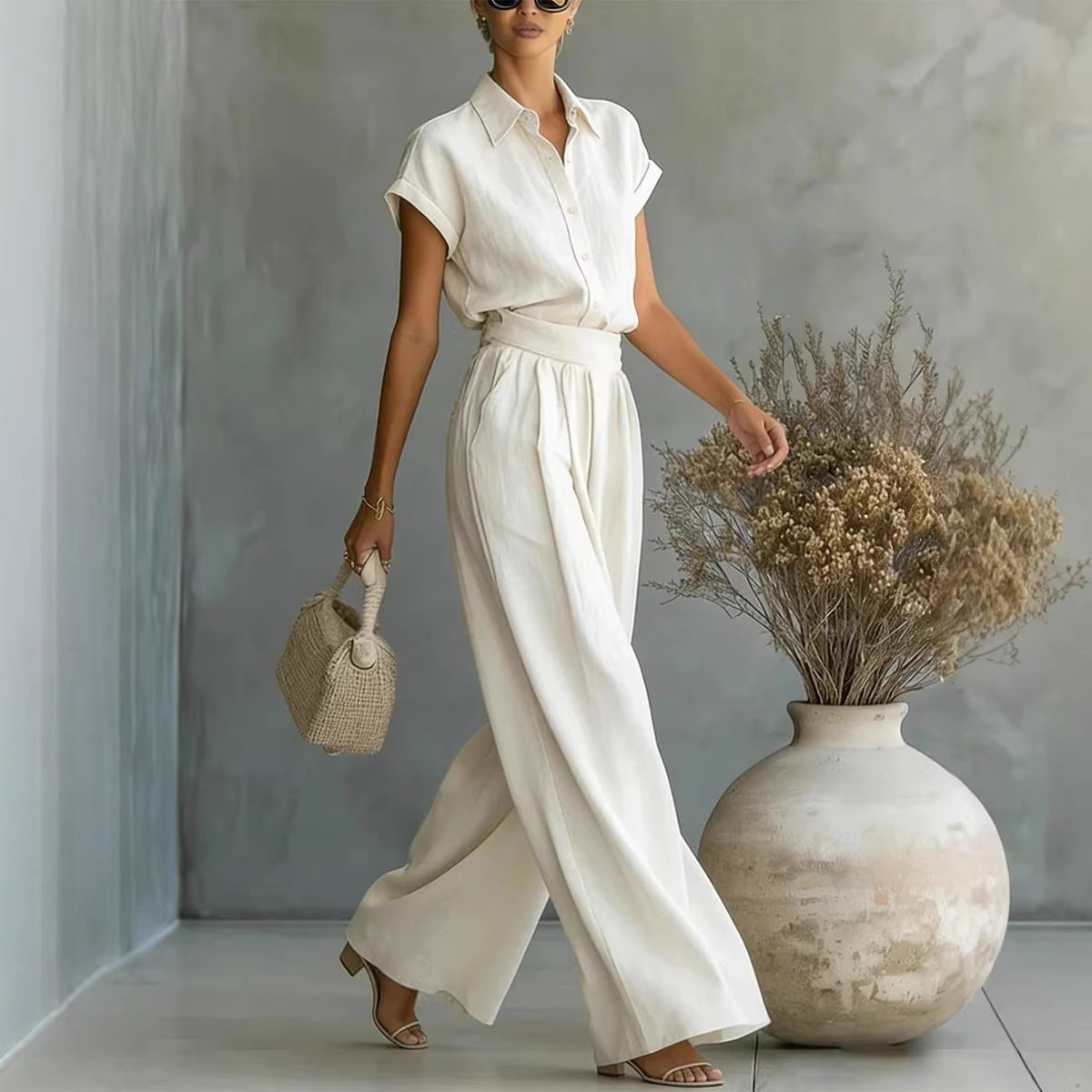 Spring And Summer Fashion Casual Solid Color Shirt Wide-Leg Pants Two-Piece Set