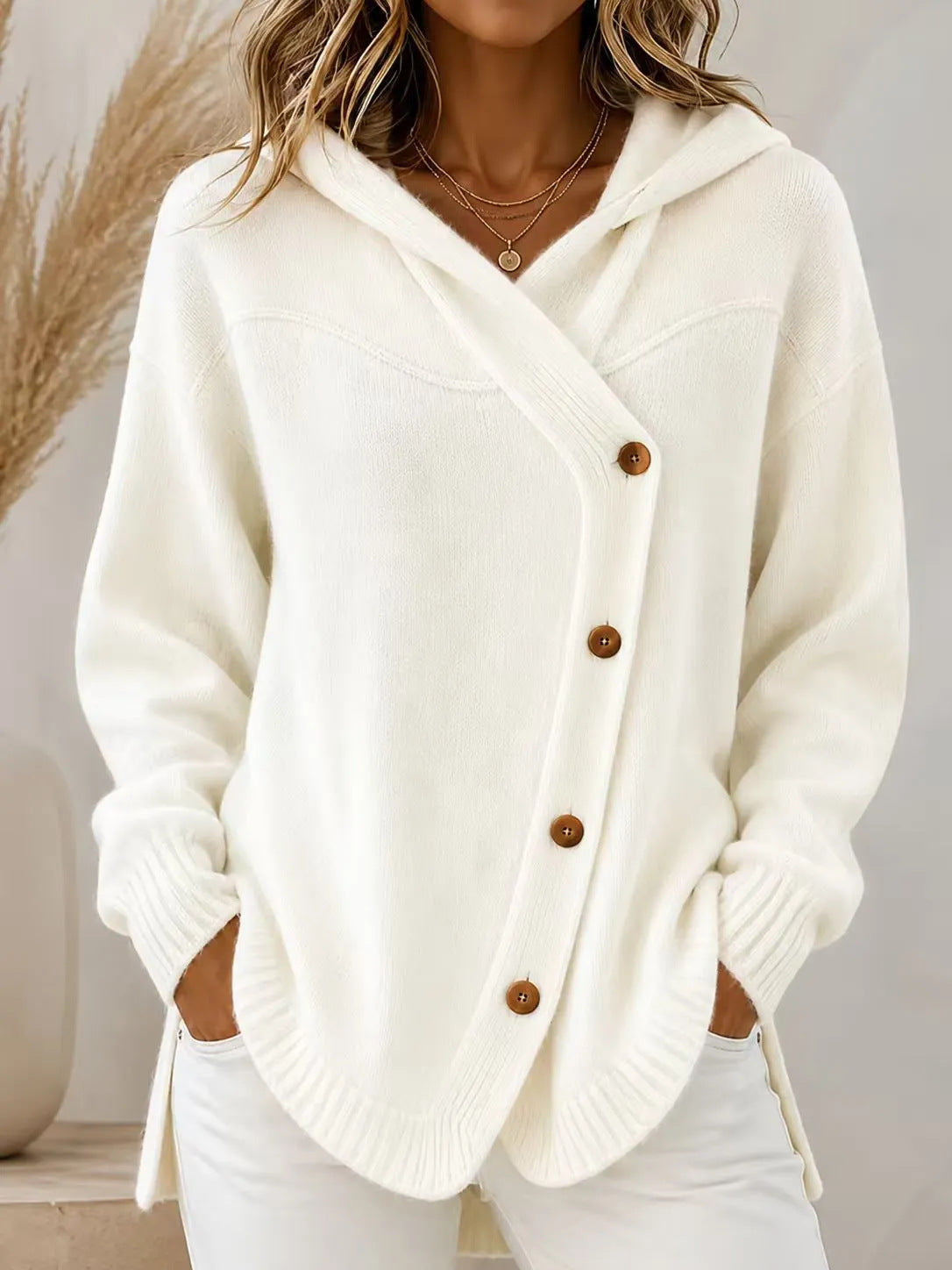 Hooded Wrap Diagonal Button Knit Cardigan