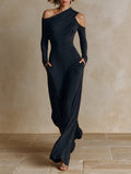 Navy One‑Shoulder Party Wide‑Leg Jumpsuit