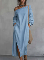 Loose-fitting One Shoulder Split Hem Cotton Linen Midi Dress