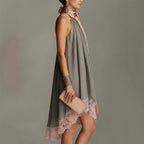 Grey Crinkle Halter Satin Big Bow Lace Hem Mini Dress