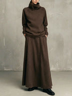 Elegant Neutral Knit Co-ord Set Funnel Neck Sweater Pleated Long Skirt