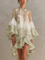 Boho Printed Ruffled Flare Sleeve Stretchy Polyester Womens Mini Dress