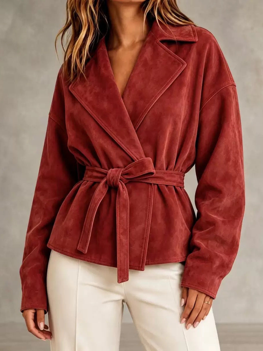 Women's Faux Suede Wrap Jacket with Self-Tie Belt