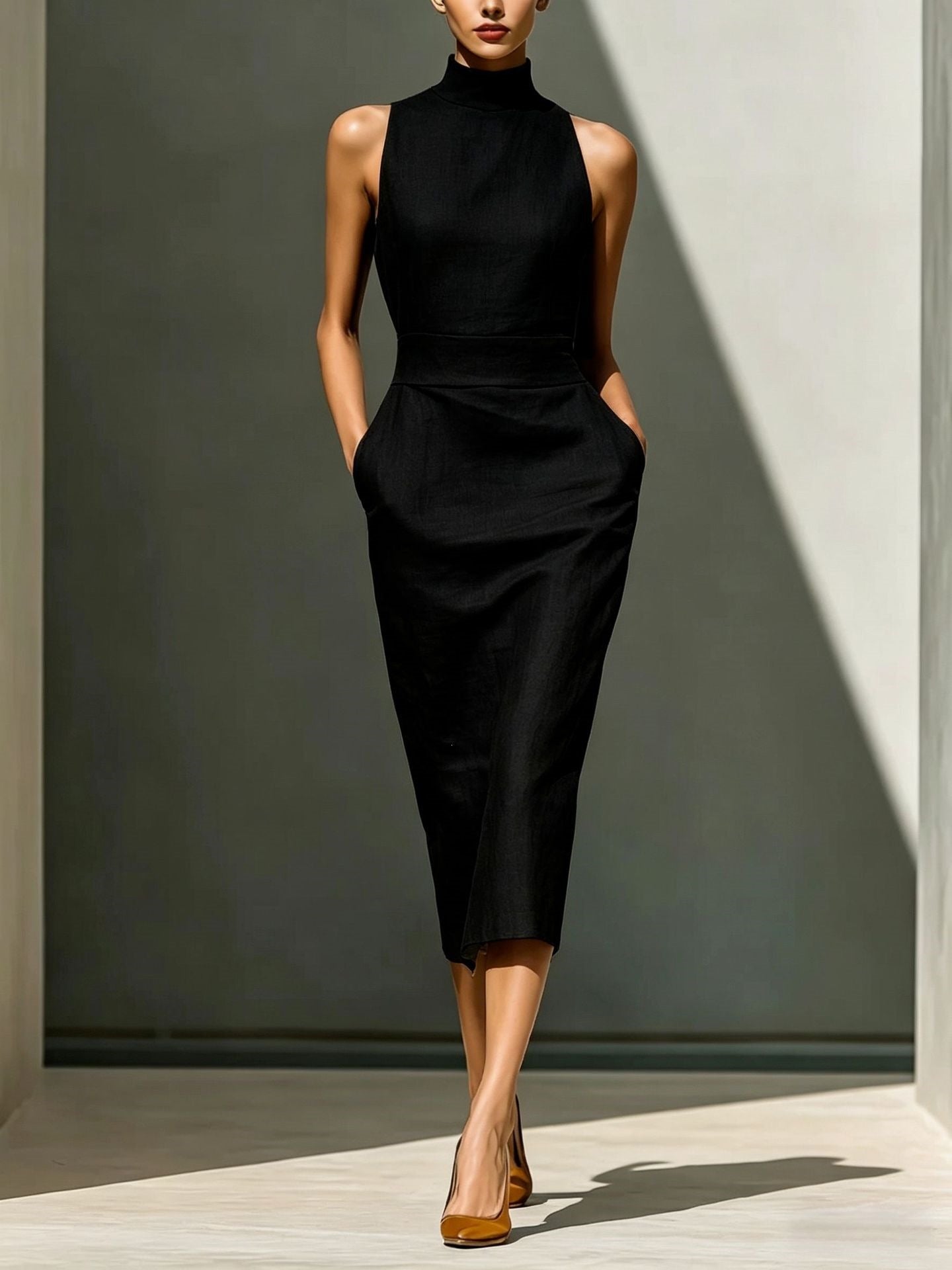Women'S Elegant Sleeveless Slim Fit Hip-Covering Mid-Length Dress