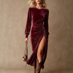 Velvet Ruched Side‑Slit Long‑Sleeve Midi Dress