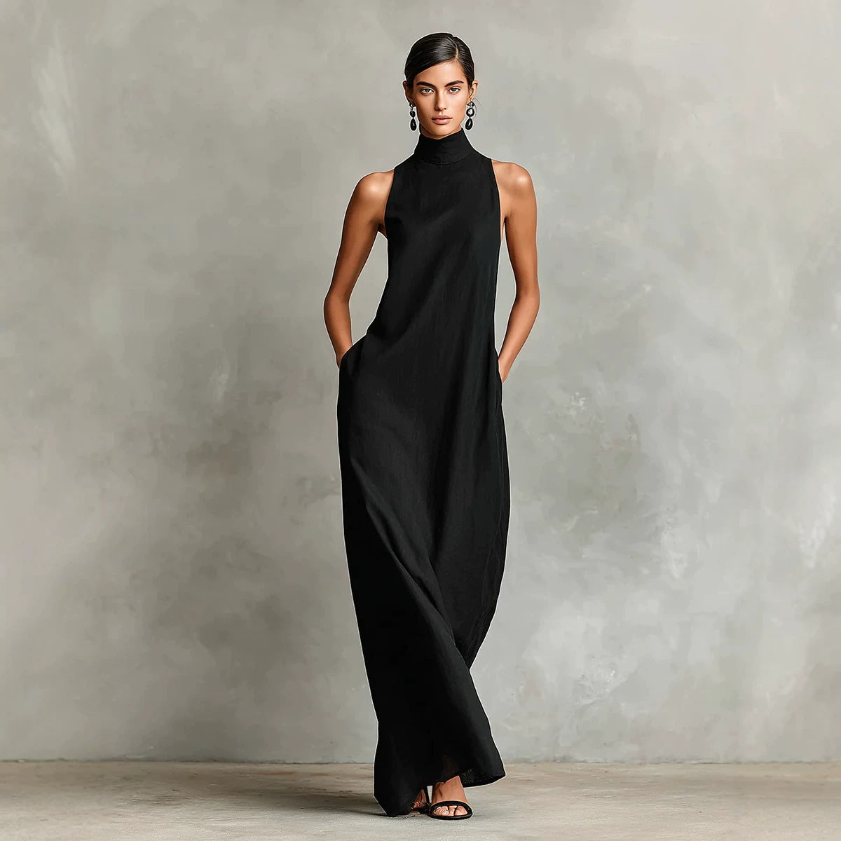 Sleeveless High Neck Linen Maxi Shift Dress