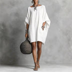 Women's Solid-color round-neck 3/4-sleeve Casual Loose Cotton-linen Dress