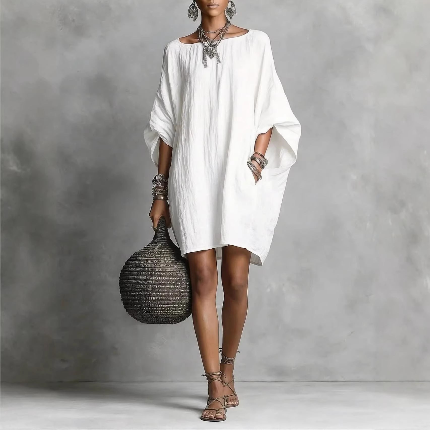 Women's Solid-color round-neck 3/4-sleeve Casual Loose Cotton-linen Dress