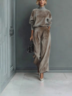 Women'S Velour Drop‑Shoulder Top & Pleated Wide‑Leg Pants Two‑Piece Set