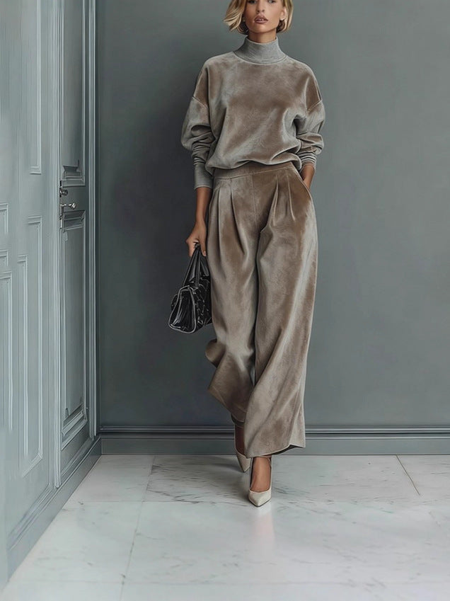 Women'S Velour Drop‑Shoulder Top & Pleated Wide‑Leg Pants Two‑Piece Set