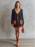 Women’s Oversized Contrast Trim Long Sleeve Chunky Knit Cardigan