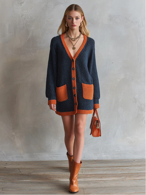 Women’s Oversized Contrast Trim Long Sleeve Chunky Knit Cardigan