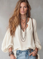 Split V-Neck Puff Long Sleeve Loose Textured Blouse