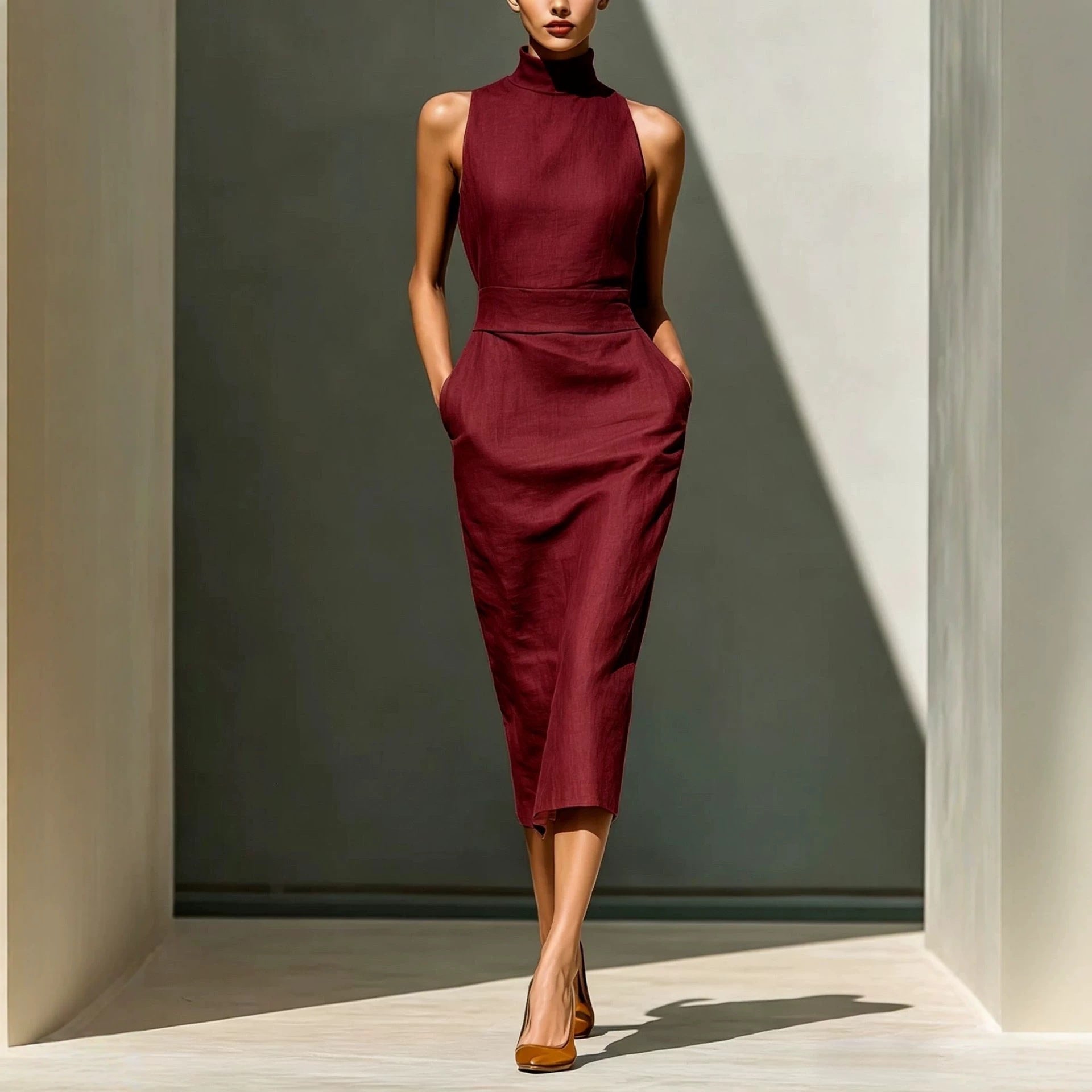 Women'S Elegant Sleeveless Slim Fit Hip-Covering Mid-Length Dress