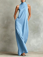Sleeveless High Neck Linen Maxi Shift Dress