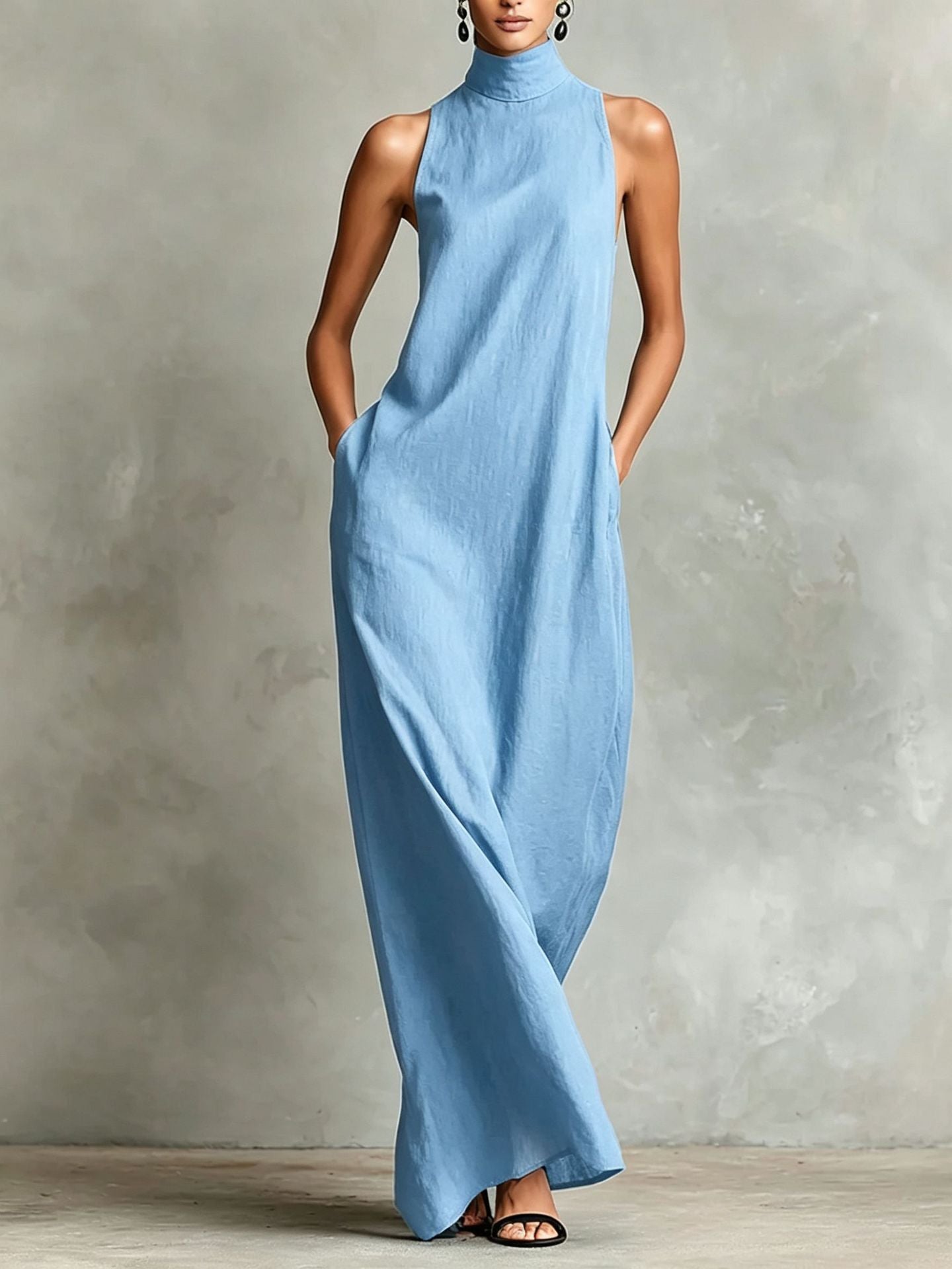 Sleeveless High Neck Linen Maxi Shift Dress