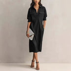 Utility Pocket Half Placket Midi Shirt Dress