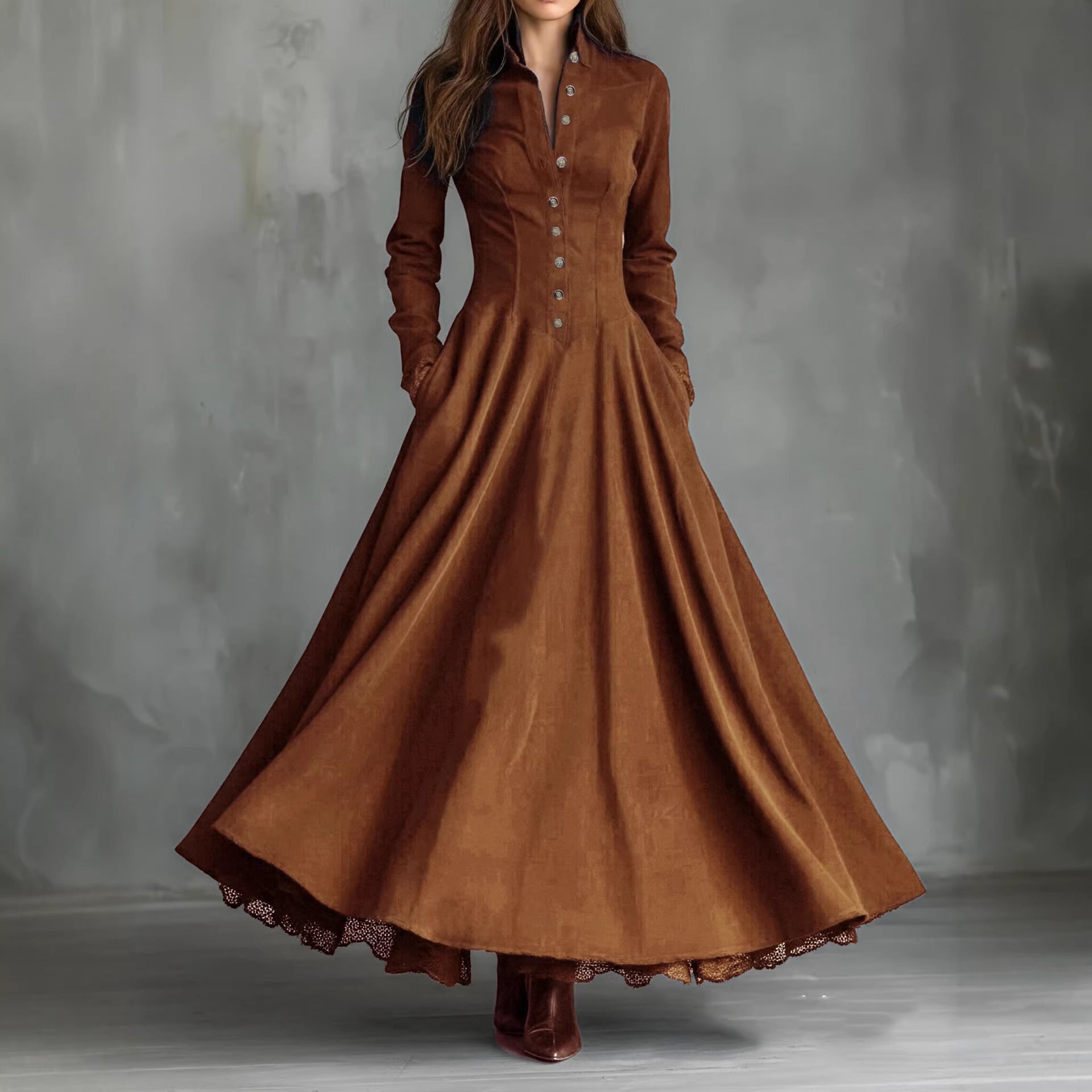 Women'S Vintage Stand‑Collar Button‑Front Maxi Dress