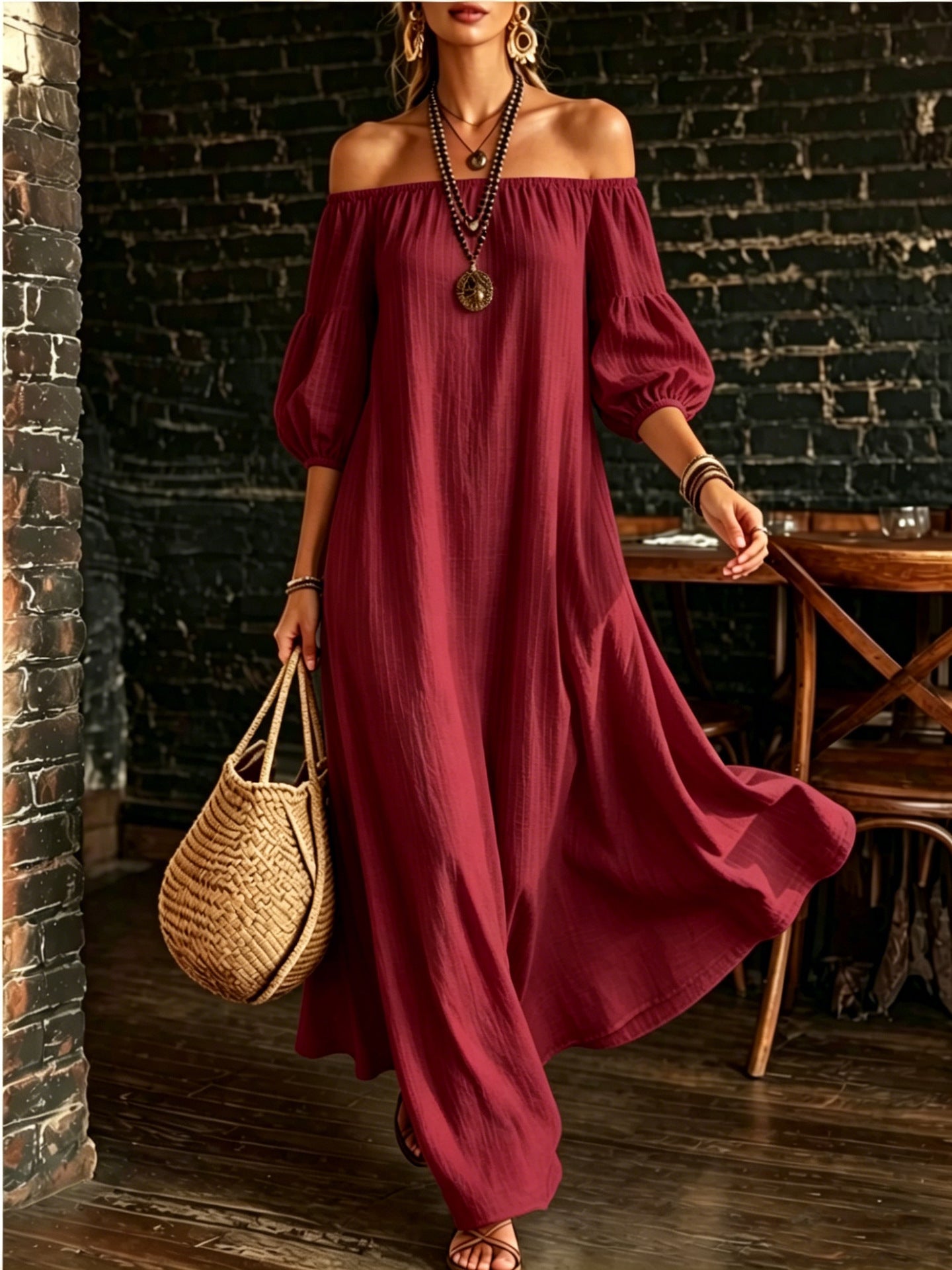 Women White Off‑Shoulder Balloon Sleeve Flowy Maxi Dress