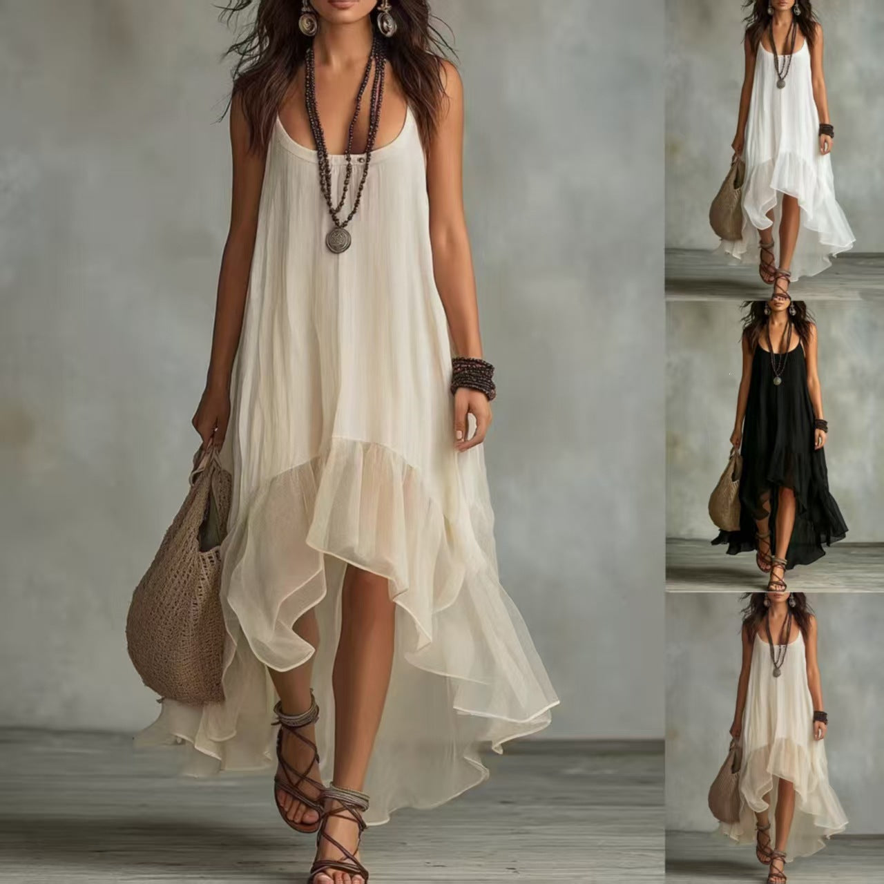 Boho Irregular Ruffle Hem Sleeveless Chiffon Maxi Dress