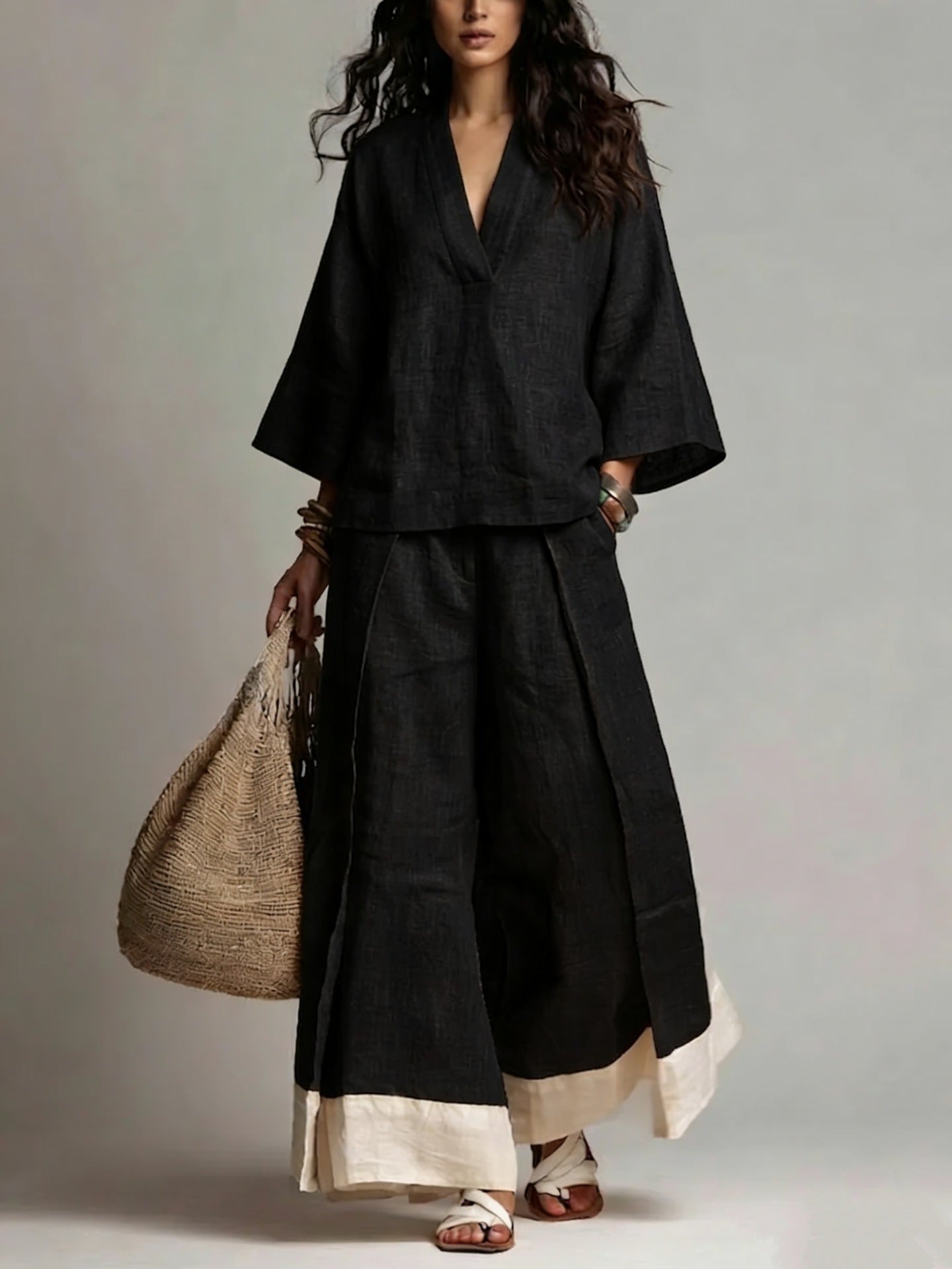 French V-Neck Three-Quarter Sleeve Shirt + Contrasting Color Wide-Leg Pants Suit For Women