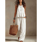 Cotton linen 2 Piece Set: Sleeveless Ruffle Tank Top & Drawstring Wide Leg Pants