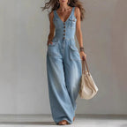 Women's Washed Denim Loose-Fit Sleeveless Jumpsuit