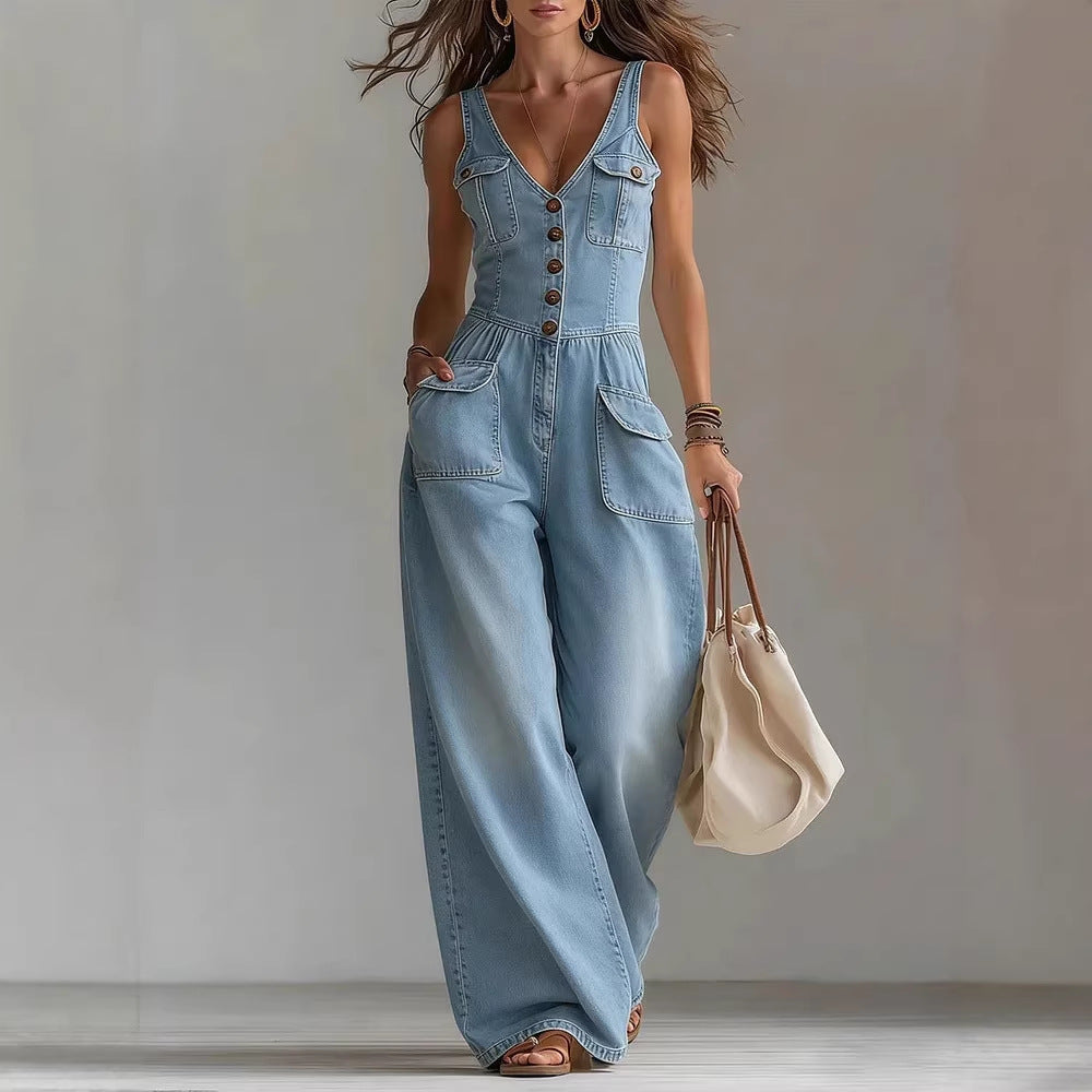Women's Washed Denim Loose-Fit Sleeveless Jumpsuit
