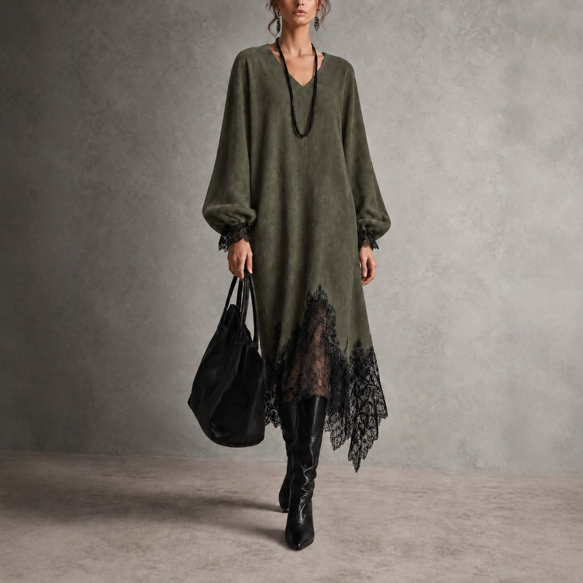 V‑Neck Lantern Sleeve Lace Trim Midi Knit Dress