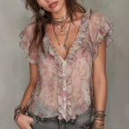 Blush Floral Ruffled Chiffon Blouse