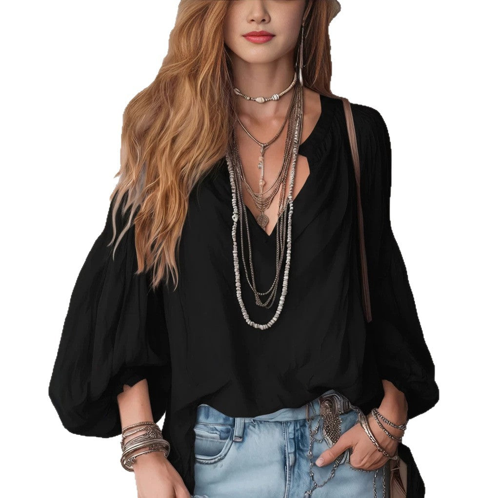 Split V-Neck Puff Long Sleeve Loose Textured Blouse
