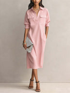 Utility Pocket Half Placket Midi Shirt Dress