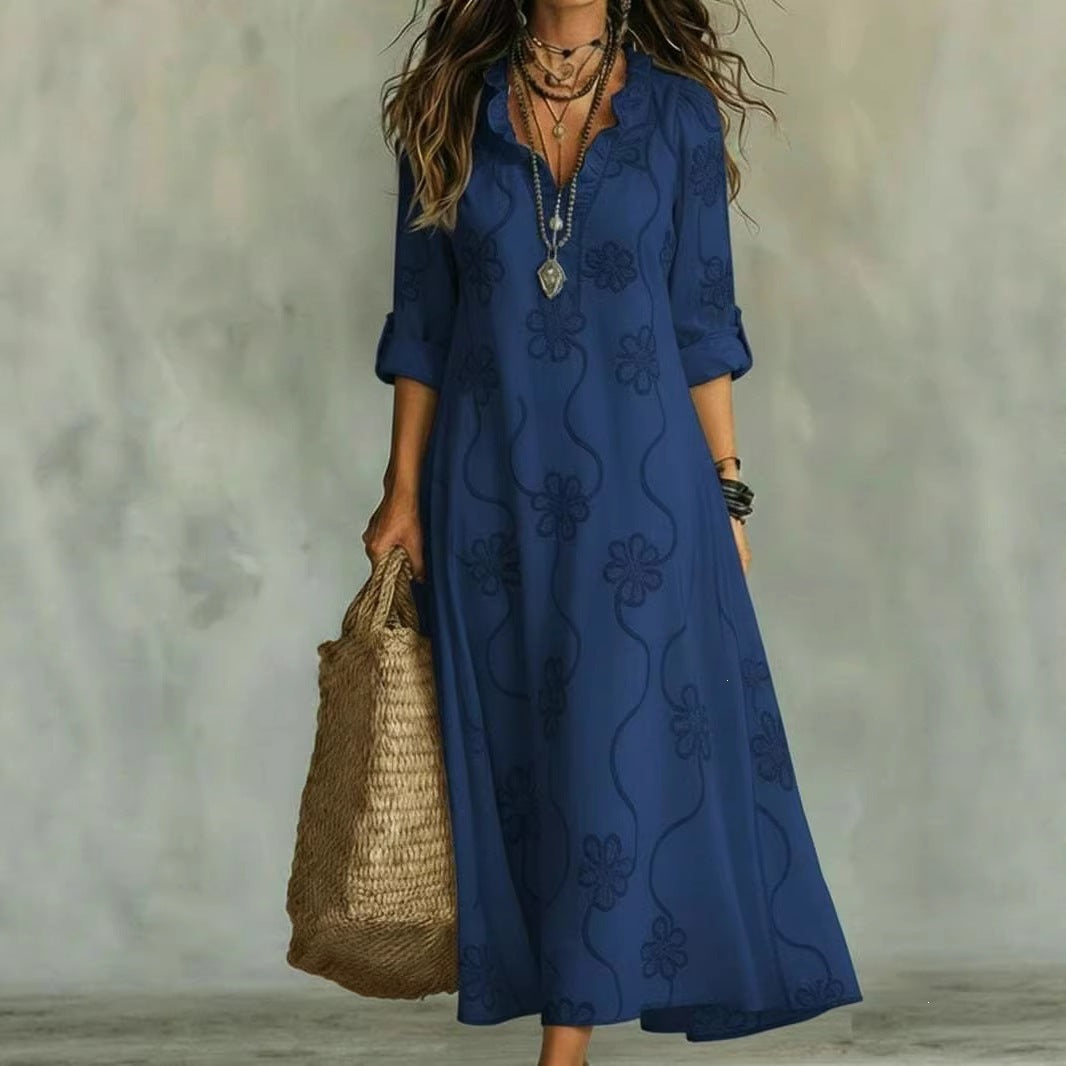 Women'S Ruffle V‑Neck Floral Embroidery Roll‑Up Sleeve Maxi Dress