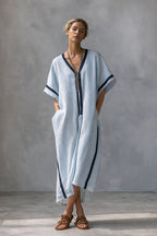 Linen Blend V-Neck Kaftan Dress