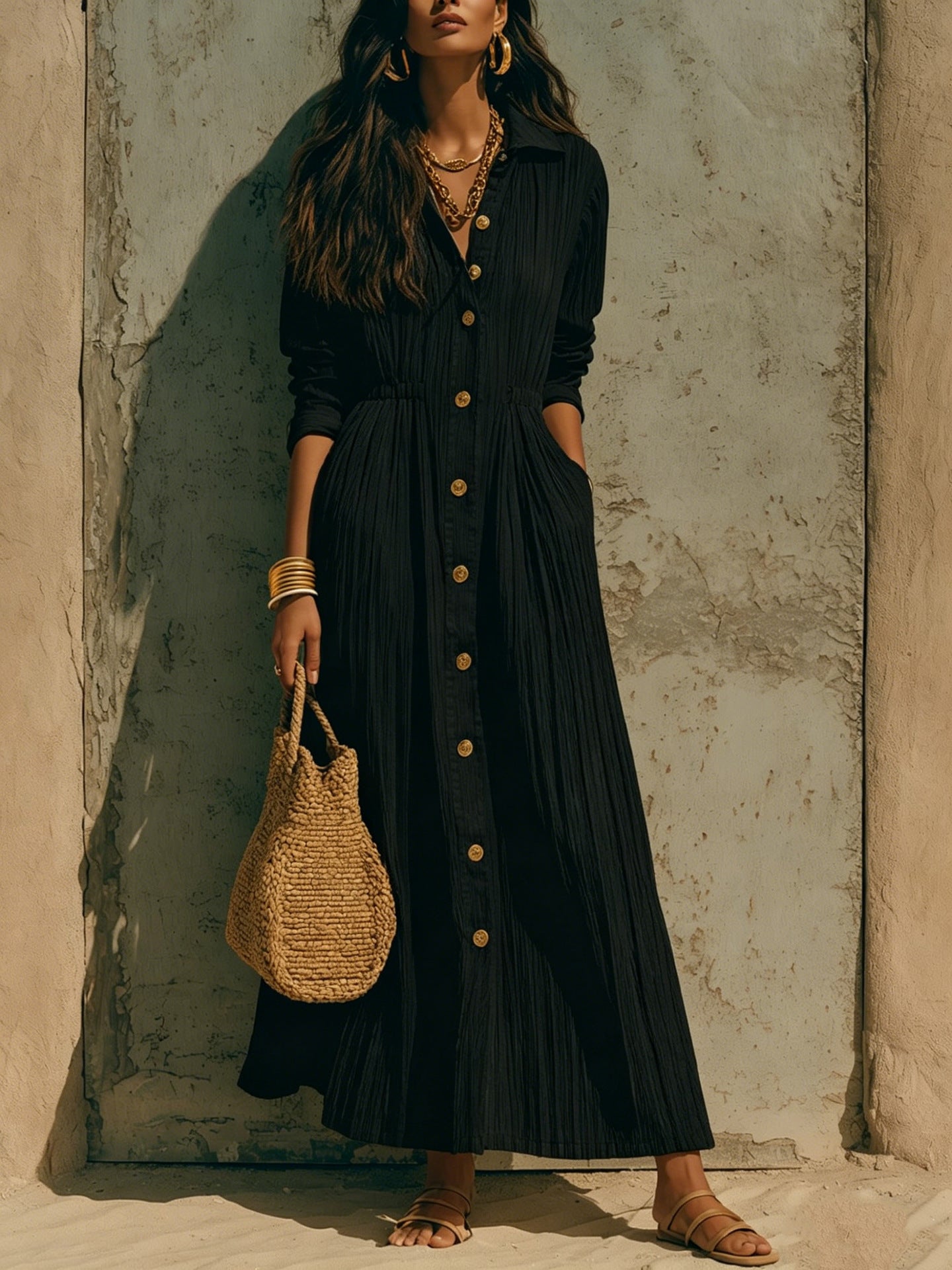 Women'S Crinkle‑Textured Collared Button‑Front Maxi Shirt Dress