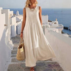 Pleated Pocket Linen Blend Vacation Maxi Dress
