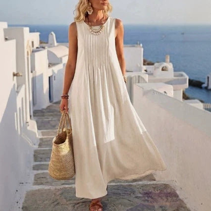 Pleated Pocket Linen Blend Vacation Maxi Dress