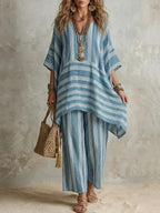 V-Neck Loose Striped Casual Two-Piece Suit