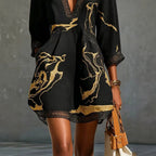 Black Gold Printed V-neck Crochet Lace Mini Dress