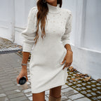 Turtleneck Pearl‑Embellished Puff‑Sleeve Knit Mini Dress